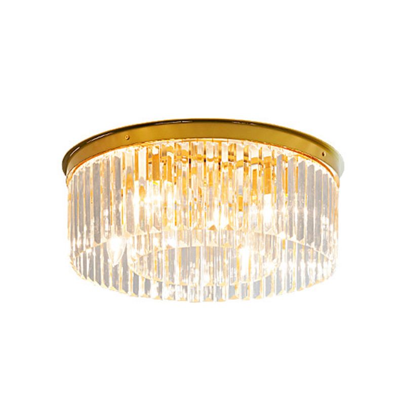 Crystal Drum Flush Mount Lamp Simplicity 3/4/5 Bulbs Bedroom Ceiling Light in Gold, 12.5"/16.5"/23.5" Wide