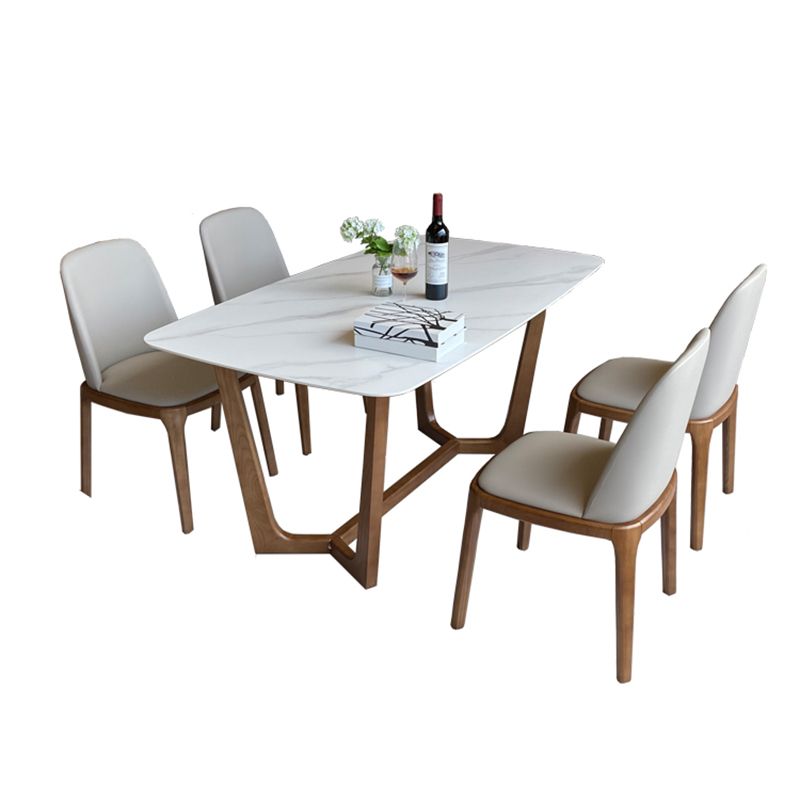 Contemporary Style White Slate Dining Table Rectangular Formal Dinette Set with Wood Base