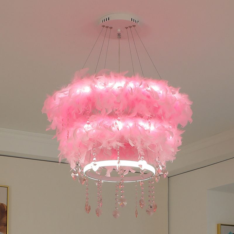 Tapered Feather Chandelier Pendant Nordic LED Hanging Light Fixture with Crystal Decor for Dining Room
