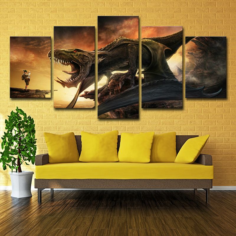 Canvas Multi-Piece Wall Decor Science Fiction Dinosaur Roaring Art Print in Yellow