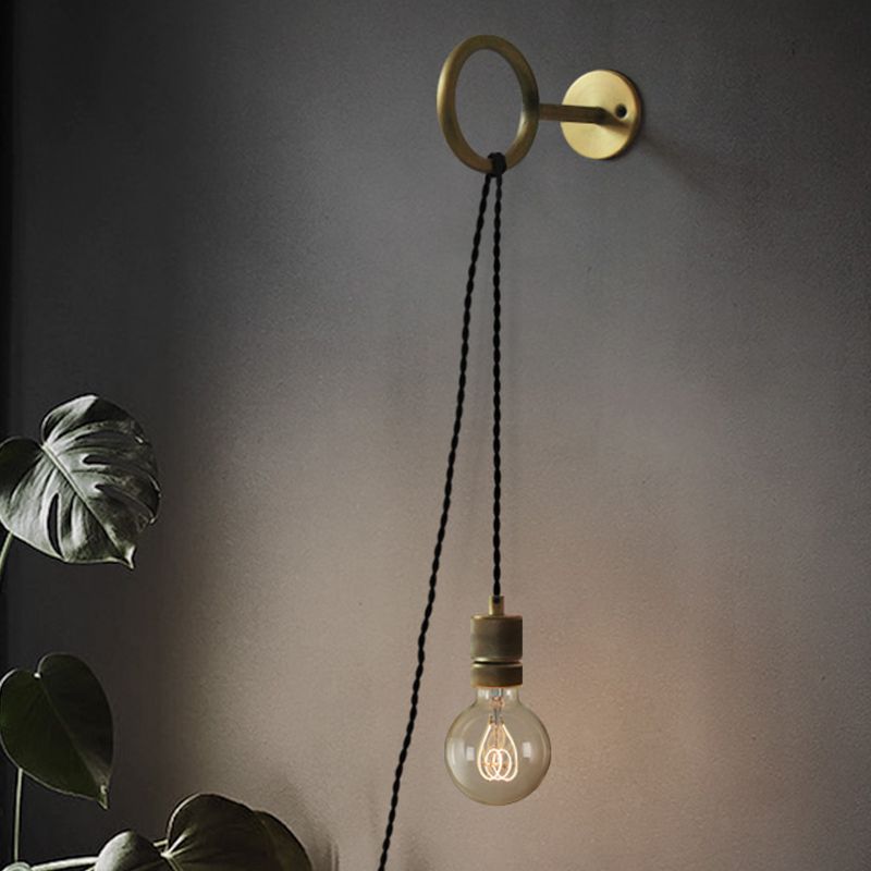 Iluminación de pared de matorral de oro de hierro bombilla desnuda de 1 cabeza de pared colonial lámpara de luz con diseño de anillo