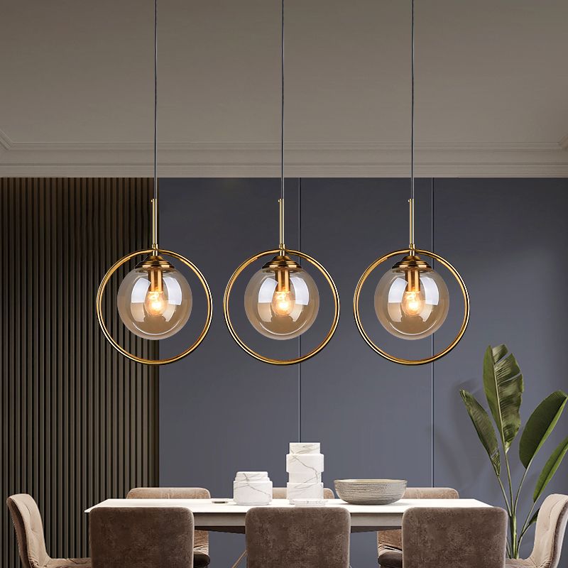 Dinning Room Three Head Sphere Shape Hanging Light  Glass and Metal Modern Down Lighting Pendant