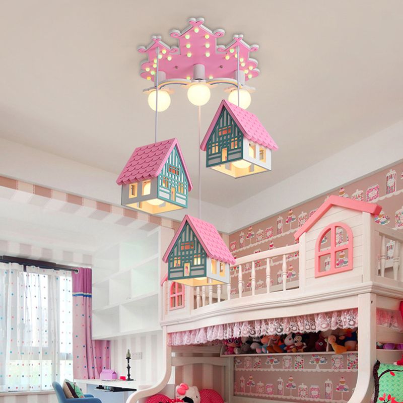 House Shaped Nursery Ceiling Lamp Wood 6 Bulbs Creative Chandelier Pendant Lighting