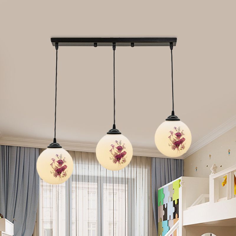 3 Heads Orb Multi-Pendant Modernism Black Finish White Frosted Glass Hanging Light Kit with Flower Pattern and Round/Linear Canopy