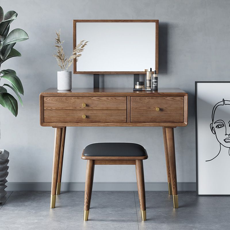 3 Drawers Mirrored Makeup Table Solid Wood Vanity Desk Stool Set