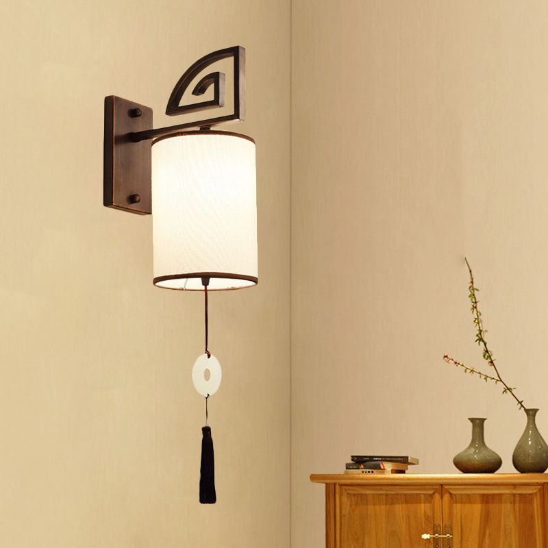 Fabric White Wall Light Fixture Cylinder 1 Light Traditional Sconce for Living Room with Metal Backplate