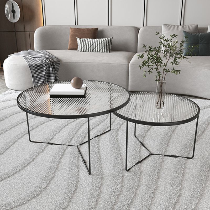Contemporary Round Glass Top Metal Cross Legs Nesting Coffee Table