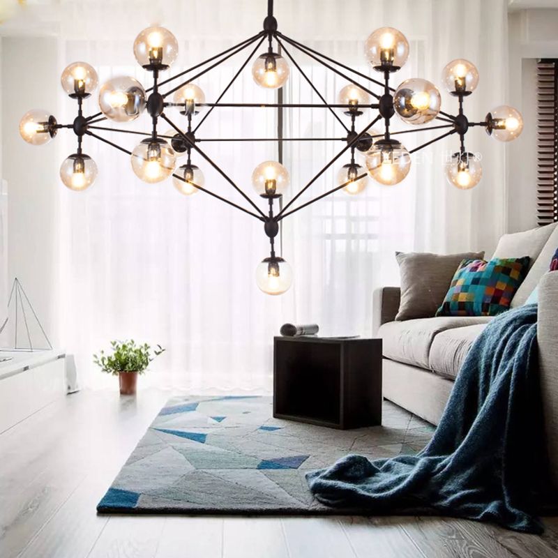 Lámparas colgantes negras de araña de metal nórdica con sombra de vidrio para sala de estar