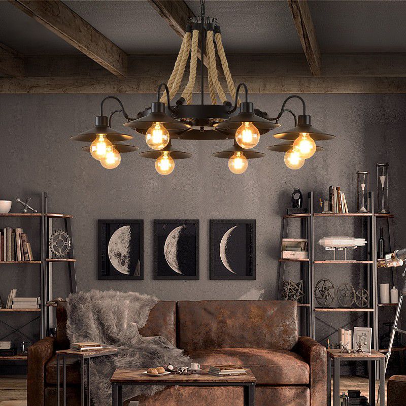 8-Lights Hemp Rope Cone-Shaped Chandelier Light Fixture Retro Restaurant Pendant Lighting Fixture in Black