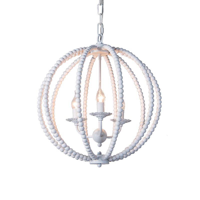 Wood Ceiling Chandelier Beaded Sphere Traditional Pendulum Light with Inner Candelabra Design