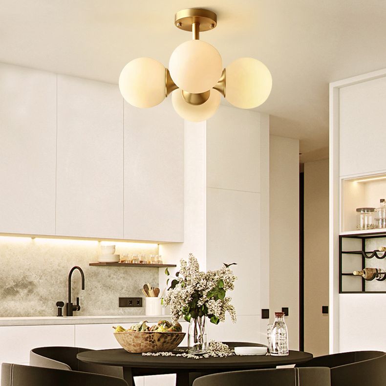 4-Lights White Globe Glass Ceiling Light 16.5" Wide Nordic Style Minimalism Brass Semi Flush Mount Lamp