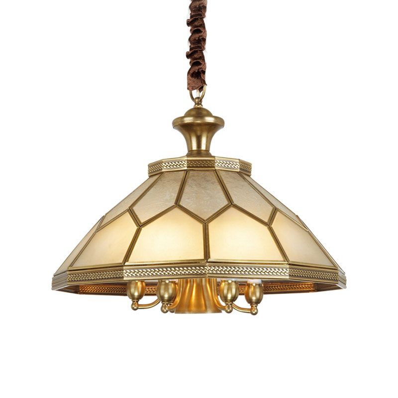 3/7 Lights Chandelier Pendant Light Colonial Conical Ivory Glass Suspension Lamp in Gold for Restaurant, 13"/20.5" W