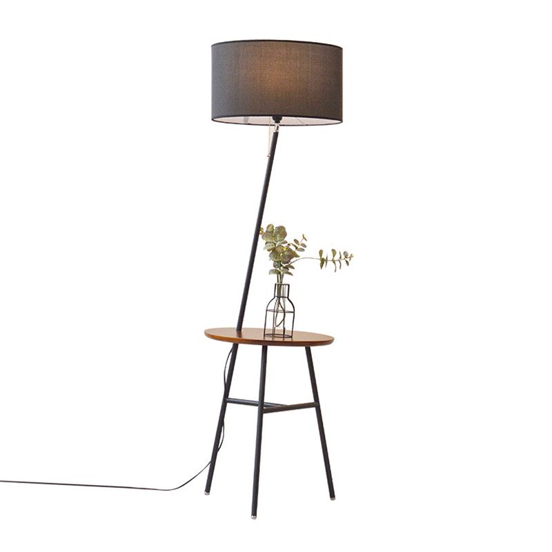 Lámpara de pie de tela en forma de tambor Lámpara clásica 1 cabezal de la sala de estar iluminación con bandeja de trípode