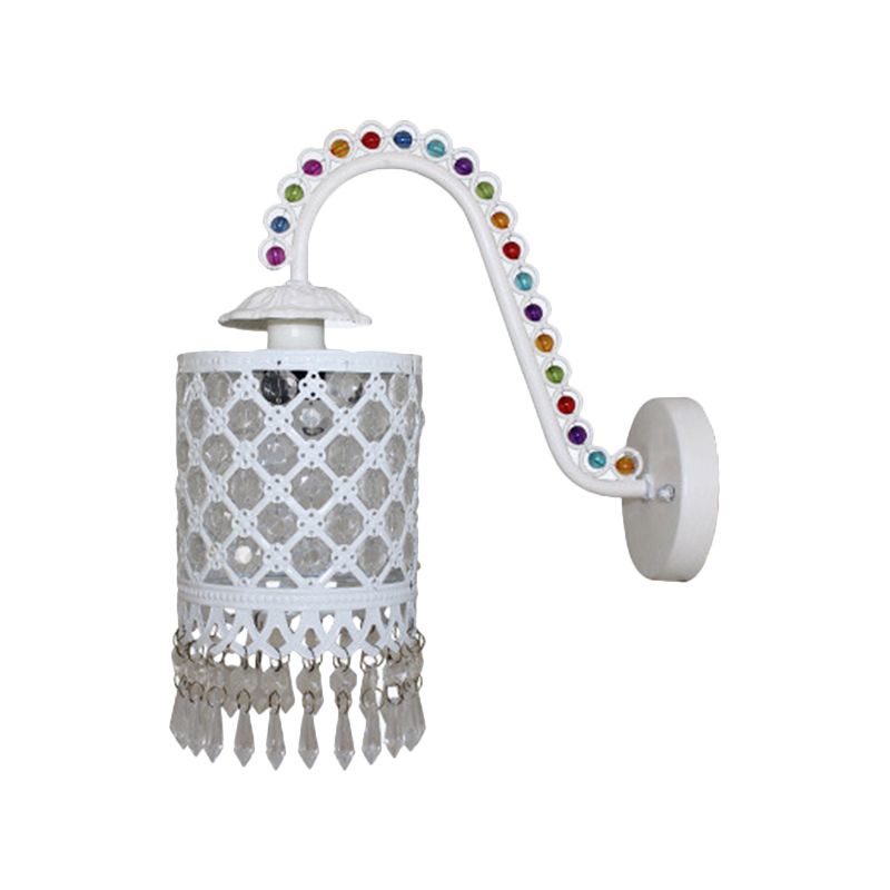 Iron White/Red Wall Sconce Cylinder 1 Head Bohemia Wall Mount Light with Beaded Fringe and Gooseneck Arm