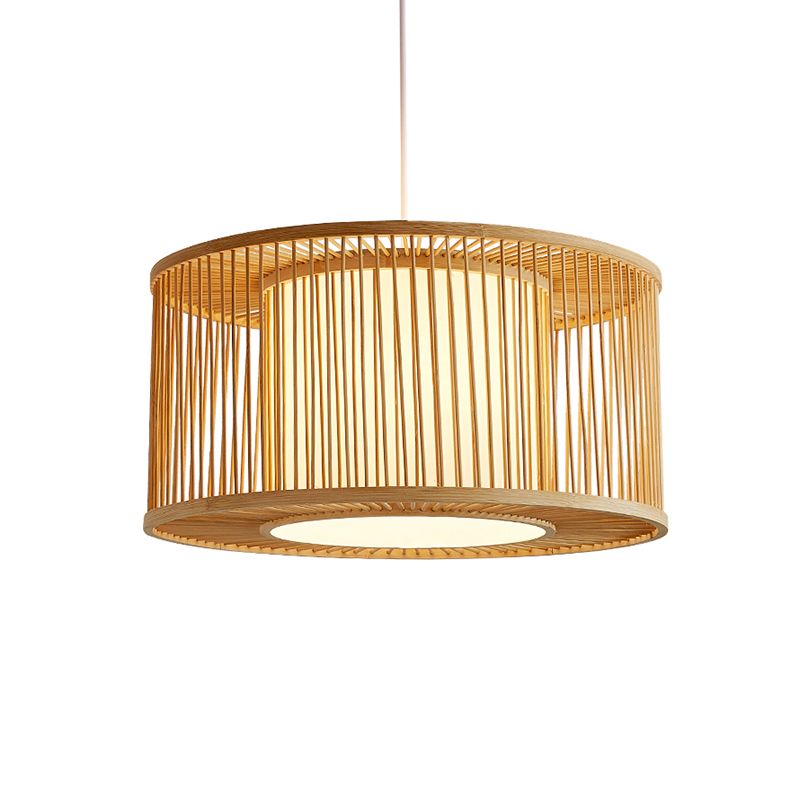 Rounded Drum Ceiling Light Modern Bamboo Single Restaurant Hanging Pendant Light in Wood