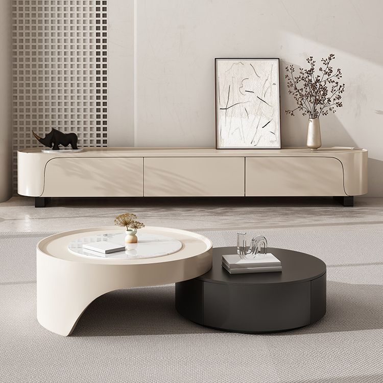Modern 2 Nesting Coffee Table Set Round Slate Cocktail Table with 2 Drawers