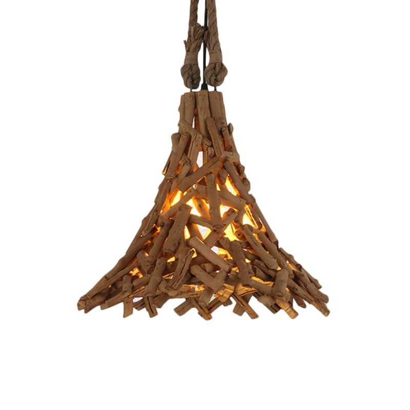 Houten sticks wijd uitlopende hangende licht rustieke 1 lichte suspensie hanger in beige voor binnen