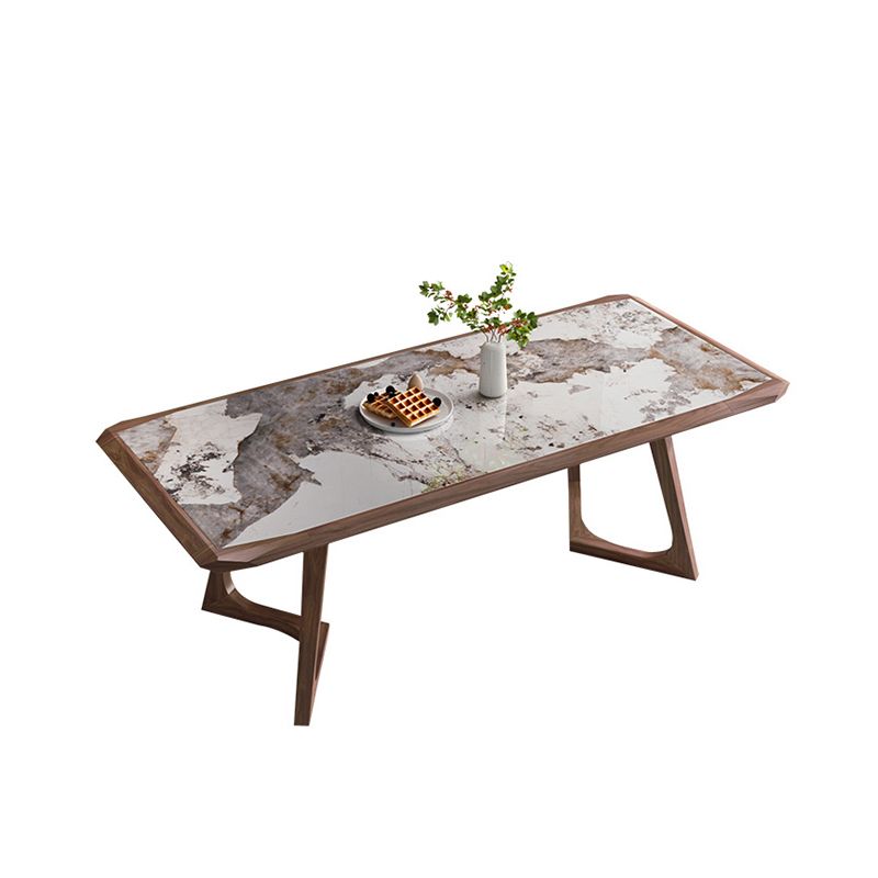 Modern Brown Finish Legs Dining Site Table Stone Top Double Pedestal Table