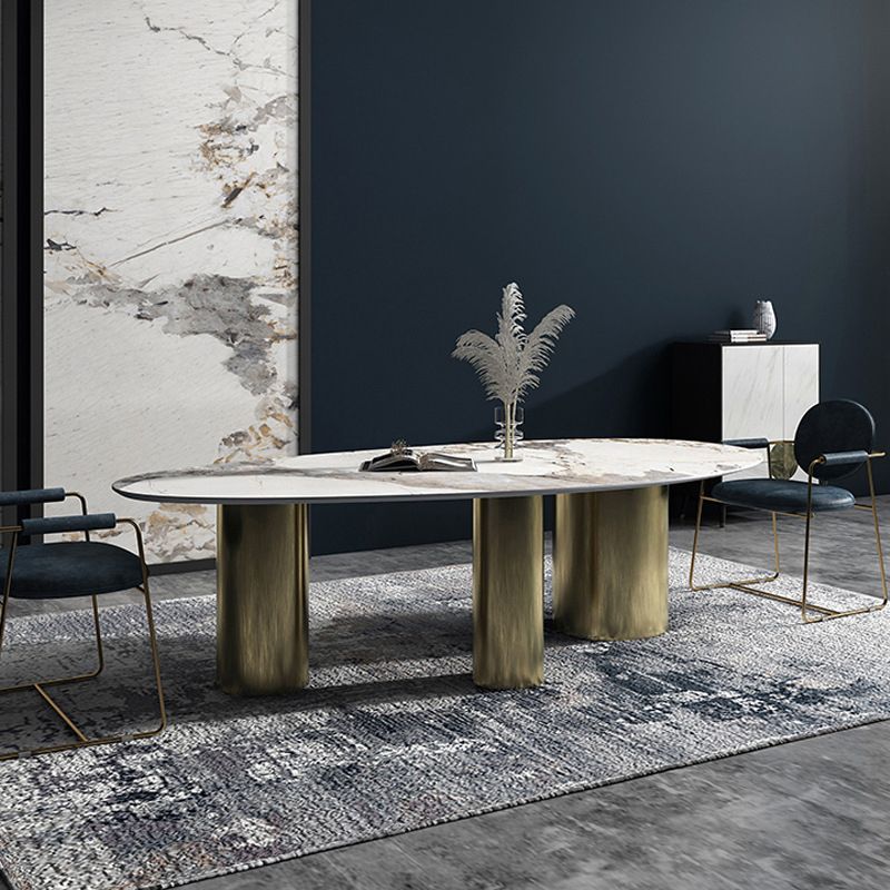 Oval Sintered Stone Dining Table Luxury Table in White with Metal 3 Legs