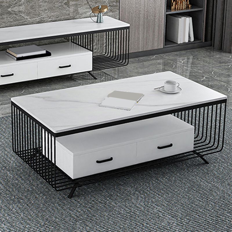 Rectangular Stone 4 Legs Coffee Cocktail Table with 2 Drawers