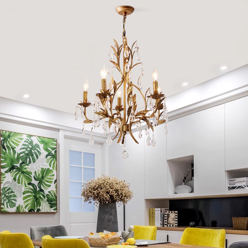 Brass Candle Chandelier Lamp Retro 5 Heads Metal Ceiling Pendant Light with Crystal Teardrop