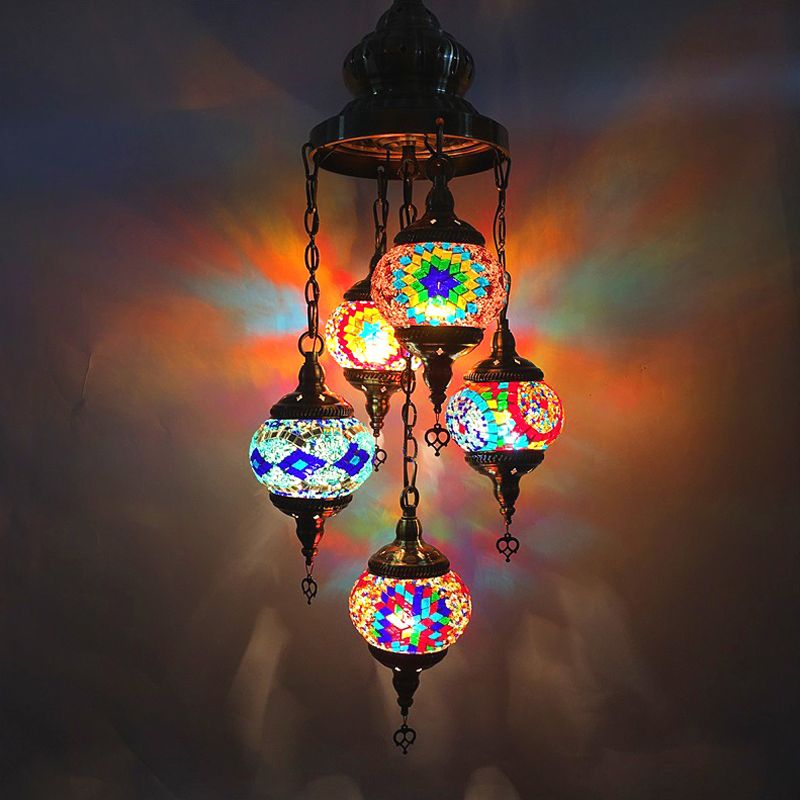 5 Heads Cut Glass Chandelier Pendant Light Traditional Red/Orange/Blue Oval Living Room Hanging Light Kit