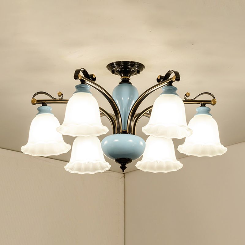 Flower White Glass Semi-Flush Ceiling Light Traditional 6/8 Heads Bedroom Flush Mounted Lamp