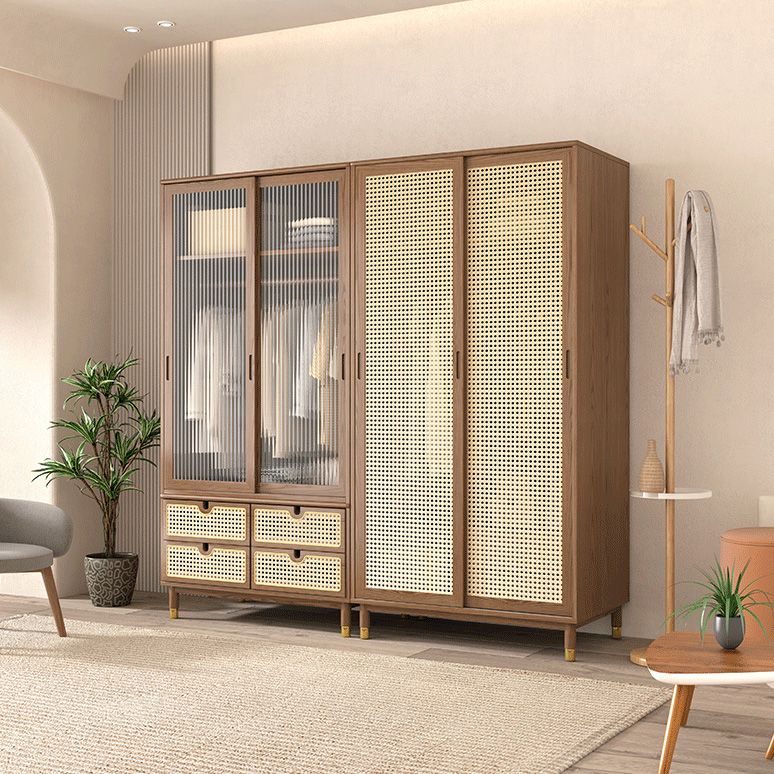 Contemporary Solid Wood Wardrobe Cabinet 2 Sliding Doors Sliding with Drawer
