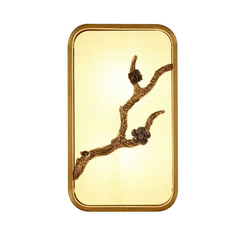 15"/23" H Rectangle Wall Mural Lighting Asian Fabric Gold LED Wall Lamp with Flower Branch Decoration