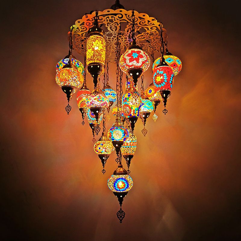 Orange/Blue Oval and Cylinder Hanging Light Fixture Traditional Stained Glass 19 Heads Restaurant Chandelier Lamp