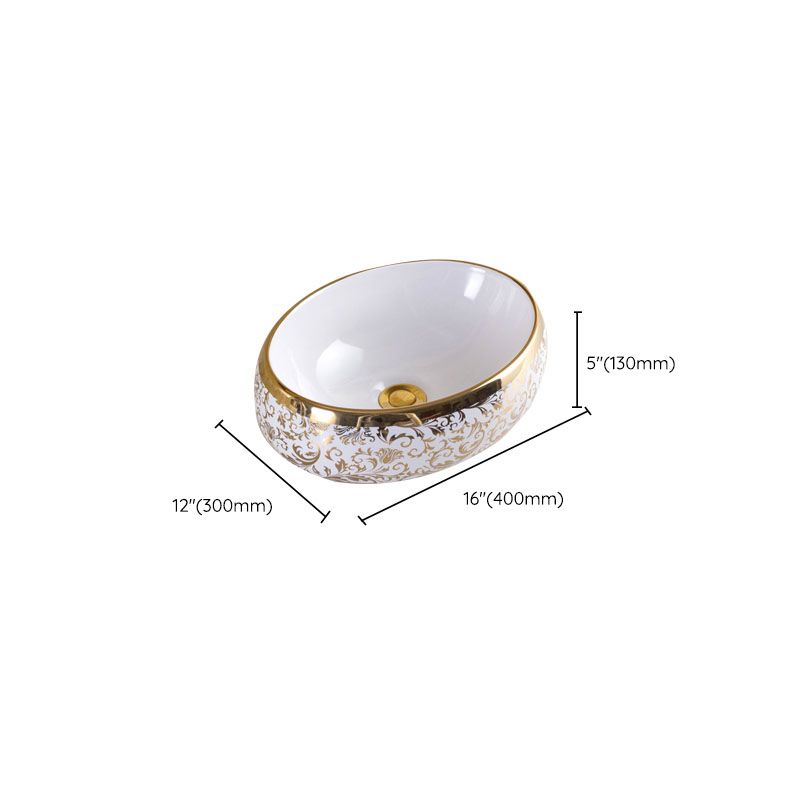 Traditional Vessel Sink Oval Porcelain with Pop-Up Drain and Faucet Vessel Lavatory Sink