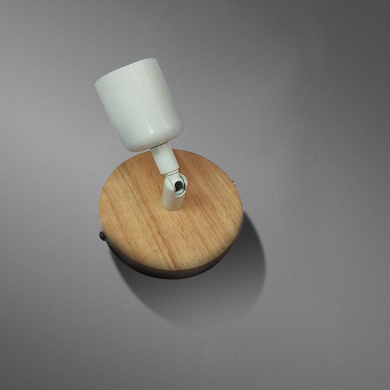 Simple Style Round Backplate Wall Sconce 1 Head Wood and Metal Wall Fixture in White for Bedside