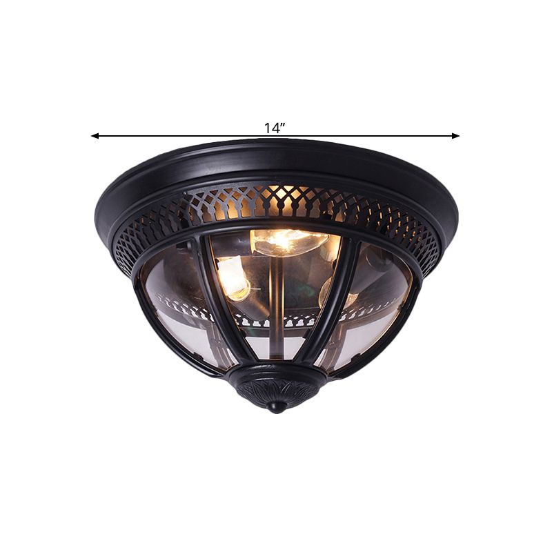 Antiqued Domed Semi Flush Lamp 1-Light Clear Glass Flush Mount Lighting with Pierced Trim Design in Brass/Brown