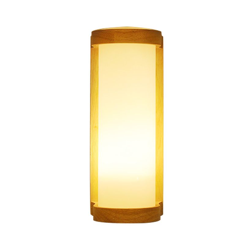 Cylinder Cream Glass Sconce Lighting Japanese Style 1 Light Wood Wall Lamp Fixture for Corner