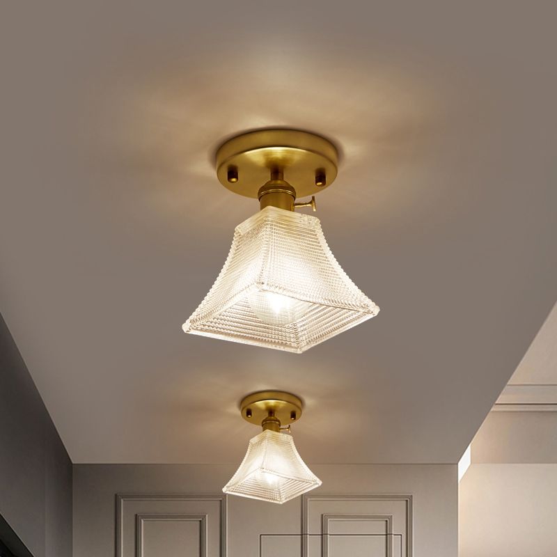 Gold Tapered Semi Flush Mount Minimalist Prismatic Glass 1 Head Corridor Ceiling Mounted Light