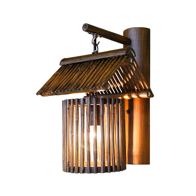 Single Restaurant Wall Light Chinese Style Wall Hanging Lamp with Woven Bamboo Shade