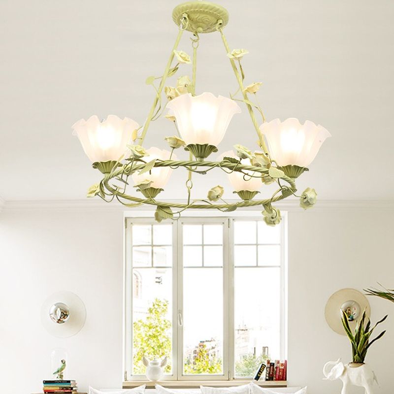 Green 5 Heads Chandelier Lighting Korean Flower Frosted Glass Circle Pendant Ceiling Light for Living Room