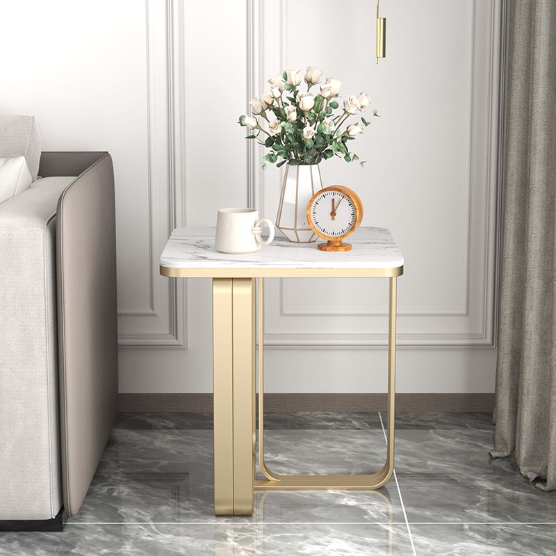 Modern Rectangular Stone Side End Table with Metal Abstract Leg