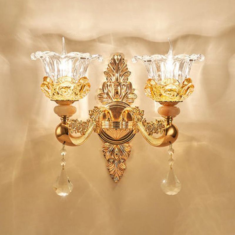 Imitation Jade Gold Wall Mount Light Bud Traditional Wall Light Fixture with Crystal Draping