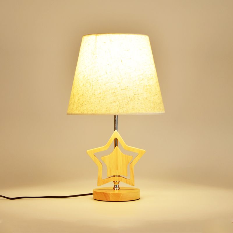 Wood Star Nightstand Lamp Modern 1 Light Table Light with Barrel Fabric Shade in Beige
