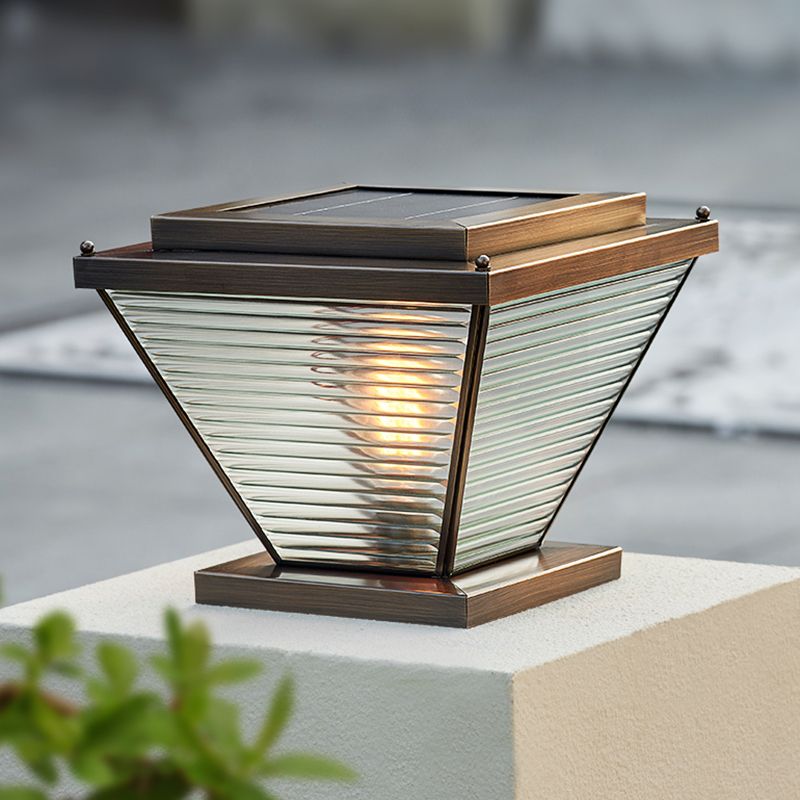 1-Light Solar Energy Pillar Lamp Brass Outdoor Light with Glass Shade for Garden