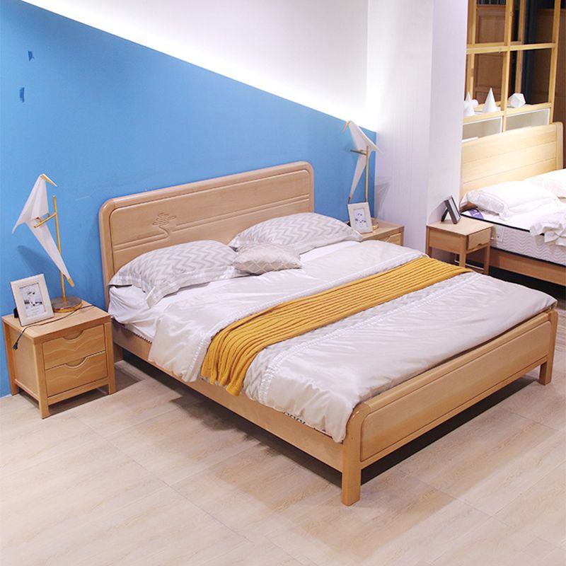 Rectangular Natural Standard Bed Mid-Century Modern Beech Panel Bed