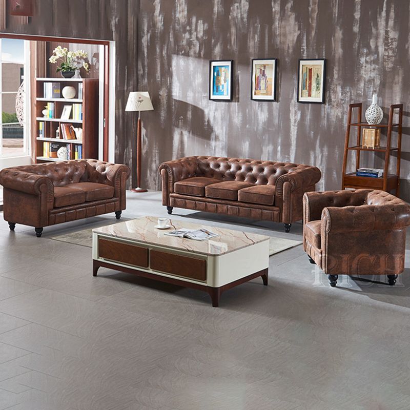 Chesterfield Dark Brown Sofa Apartment Tuxedo Arm Loveseat Genuine Leather Sofa