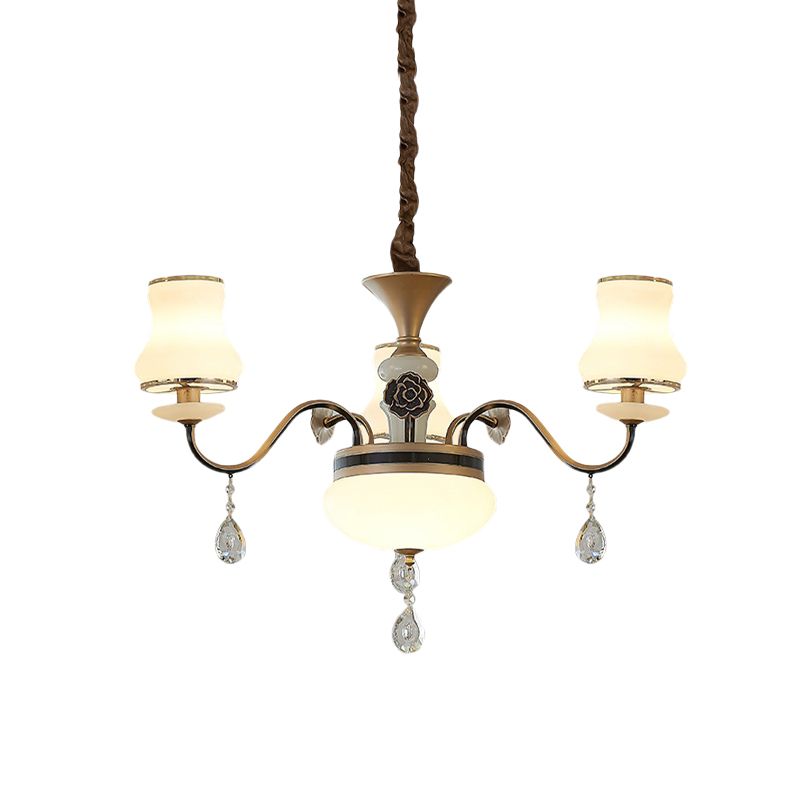 Cream Glass Brass Chandelier Light Curved Arm 3/6 Bulbs Traditional Hanging Lamp with Crystal Drop