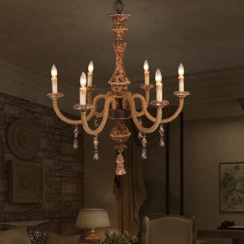 Candelabra Metal Ceiling Light Rustic 6-Bulb Living Room Pendant Chandelier in Brown