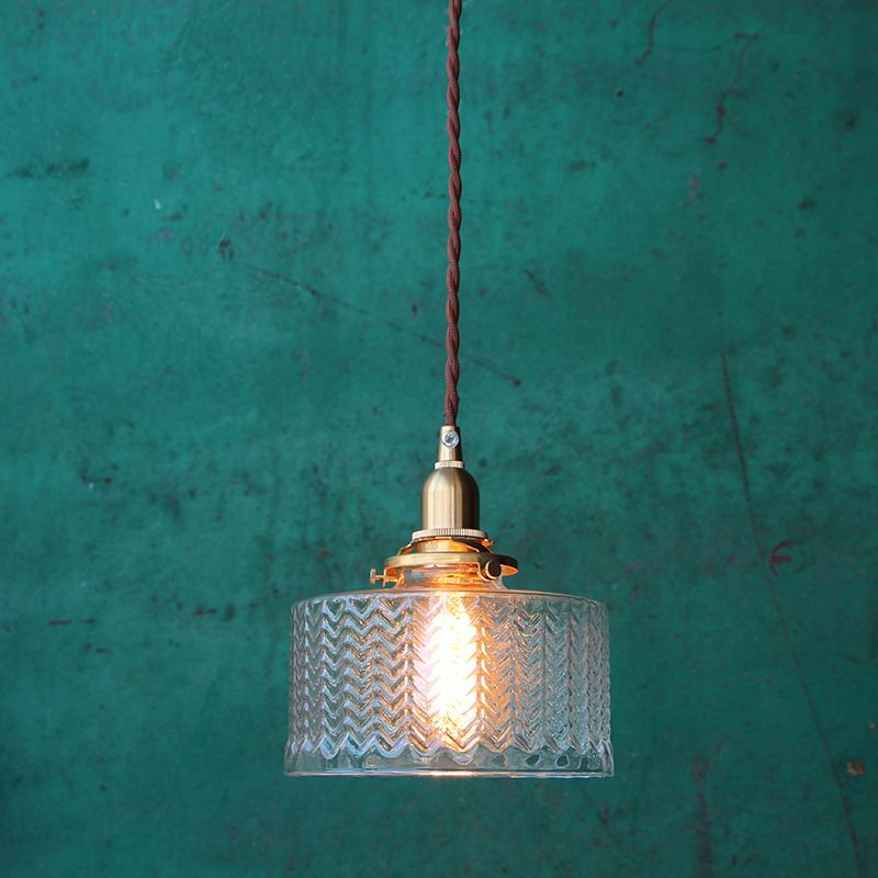 1-Bulb Round Pendant Light Nordic Brass Clear Wavy Glass Suspended Lighting Fixture