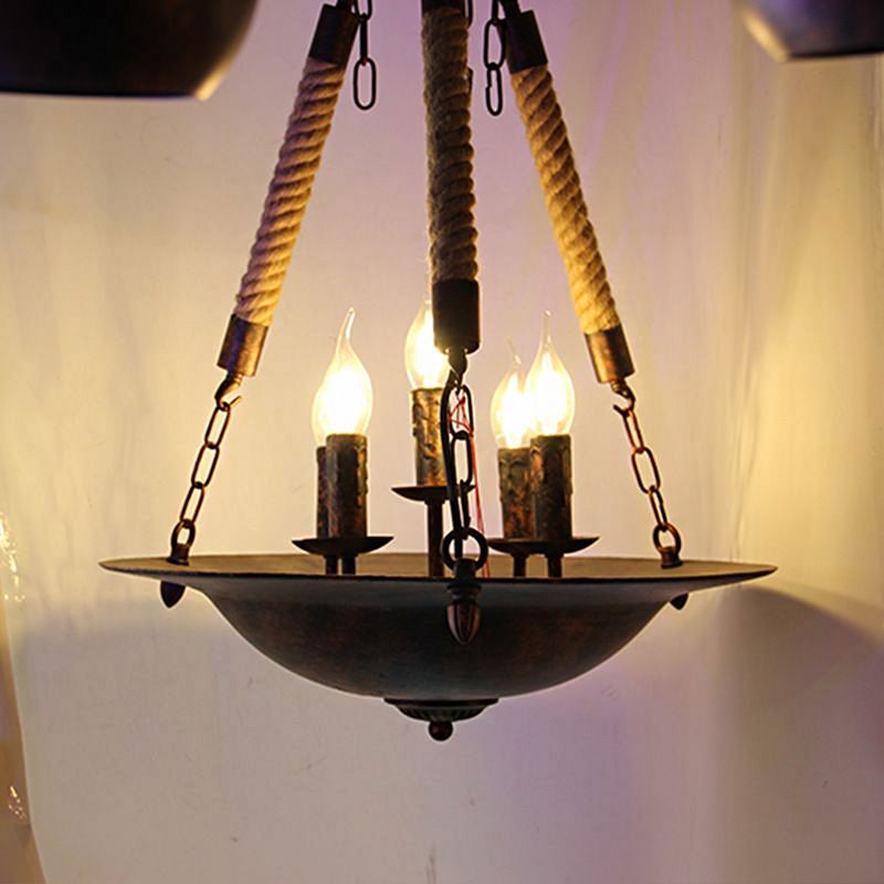 Bowl Shape Ceiling Fixture Industrial Style Metal 5 Lights Hanging Lamp in Rust for Indoor Lighting