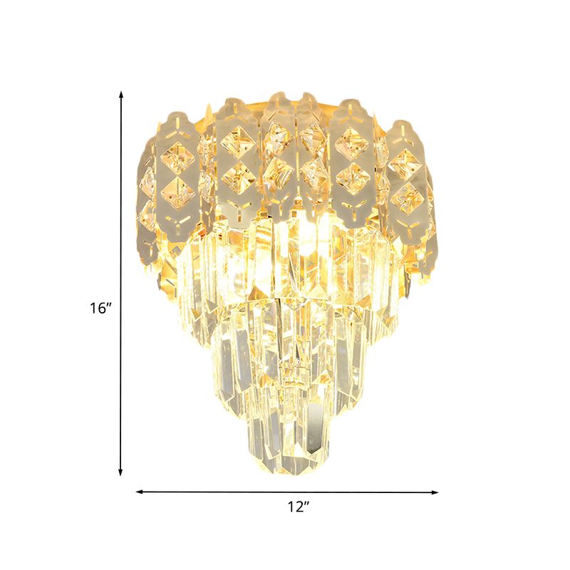 3 Lights Layered Tapered Ceiling Fixture Modern Style Gold Crystal Prism Semi Mount Lighting