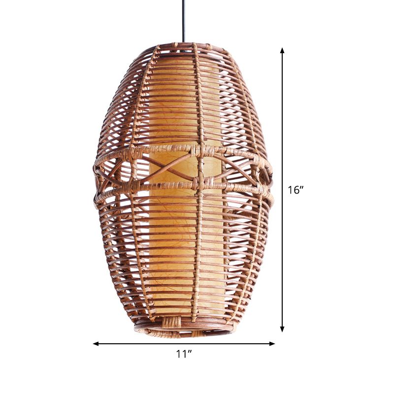Brown Lantern Pendant Lamp Asia 1 Bulb Bamboo Hanging Light Fixture with Inner Tube Parchment shade
