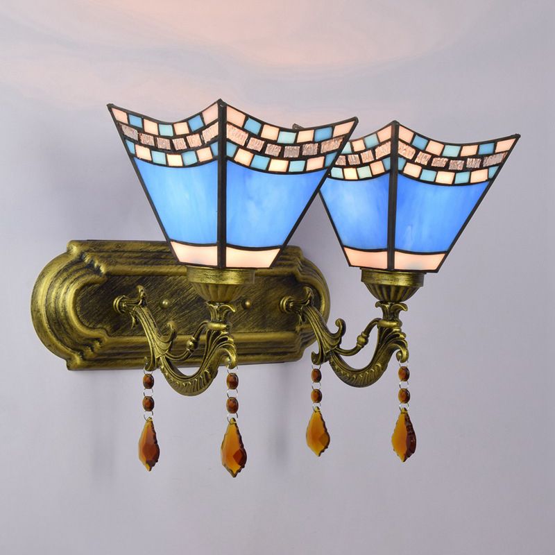 Tiffany Geometric Vanity Lighting Glass 2-Light Vanity Lamp in Blue